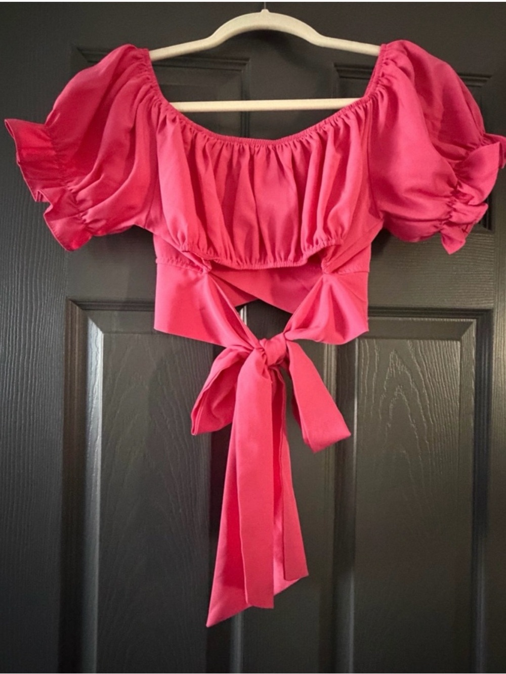 LYANER Hot Pink Off Shoulder Tie Back Crop Top L Puff Sleeve - Picture 5 of 8